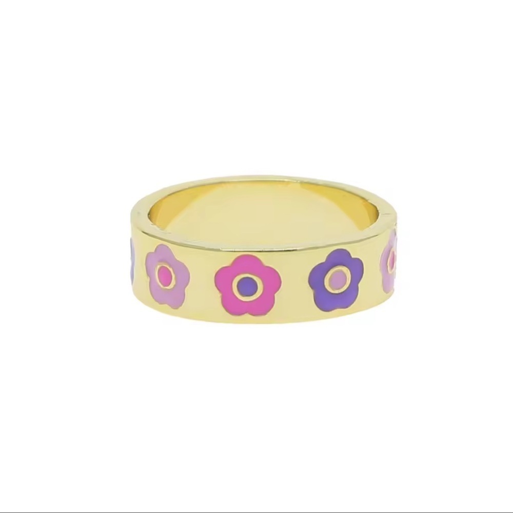 Flower Power Floral Spring Gold Plated Ring with Pink and Purple Flowers Size 8 - Picture 4 of 6
